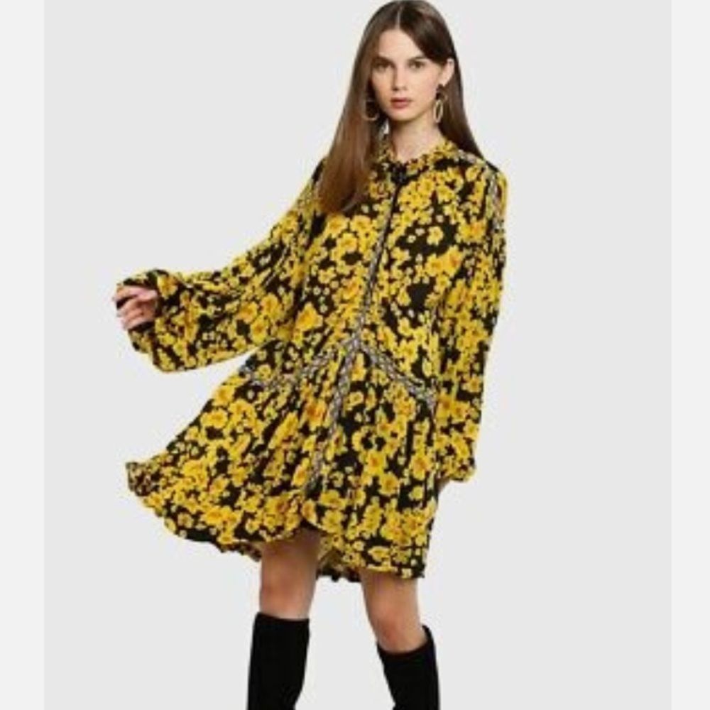 Free People Size Small Tunic Top Love Letter Black Combo Yellow Floral Shirt S. - Picture 1 of 12